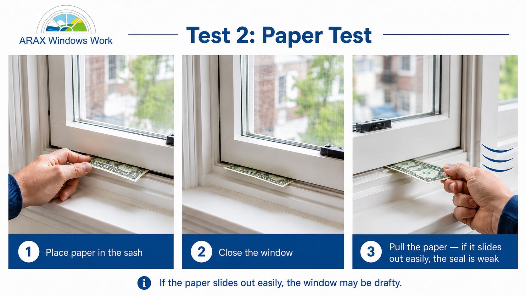 paper test showing how to check a window for drafts by closing the sash on a dollar bill and pulling it out.