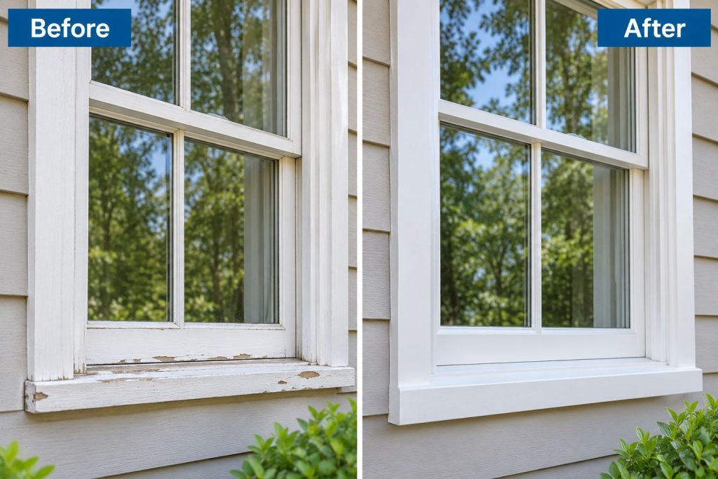 Before and after wood window repair.