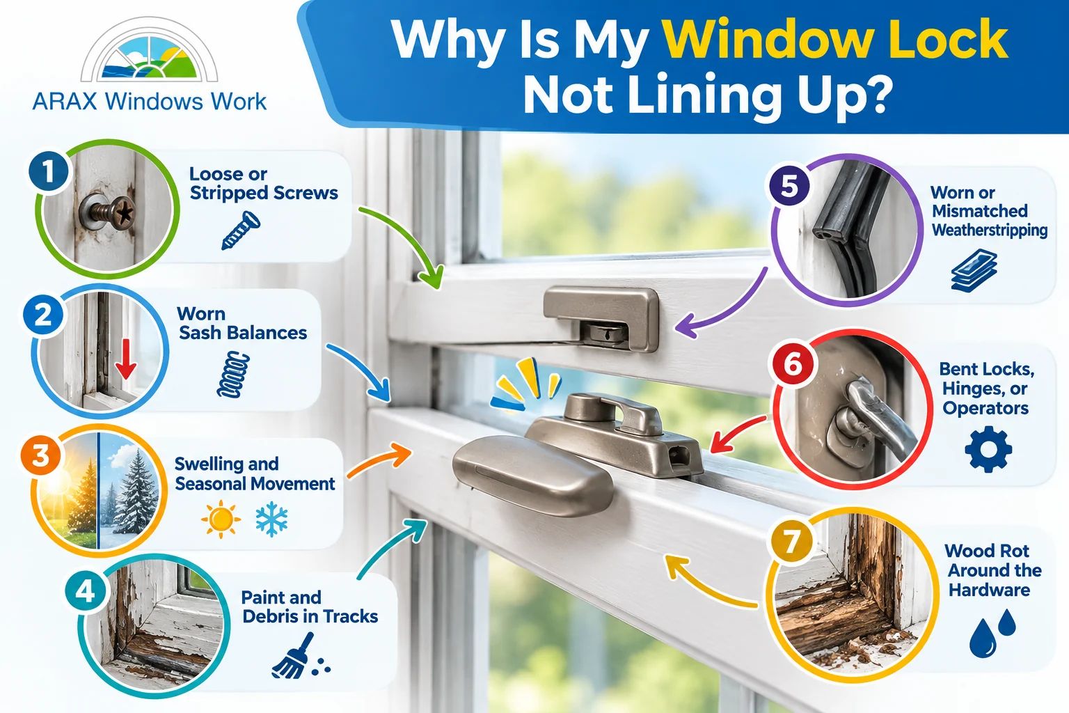 Infographic showing seven causes of misaligned window locks, including loose screws, worn balances, damaged hardware, and wood rot. Infographic showing seven causes of misaligned window locks, including loose screws, worn balances, damaged hardware, and wood rot.