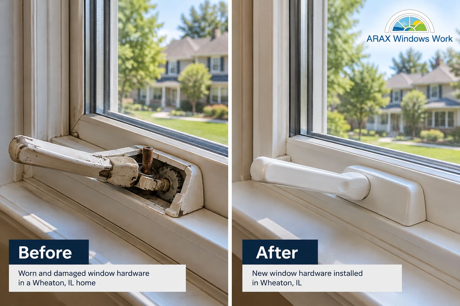 Before and After of Window Hardware Repair in Wheaton Illinois