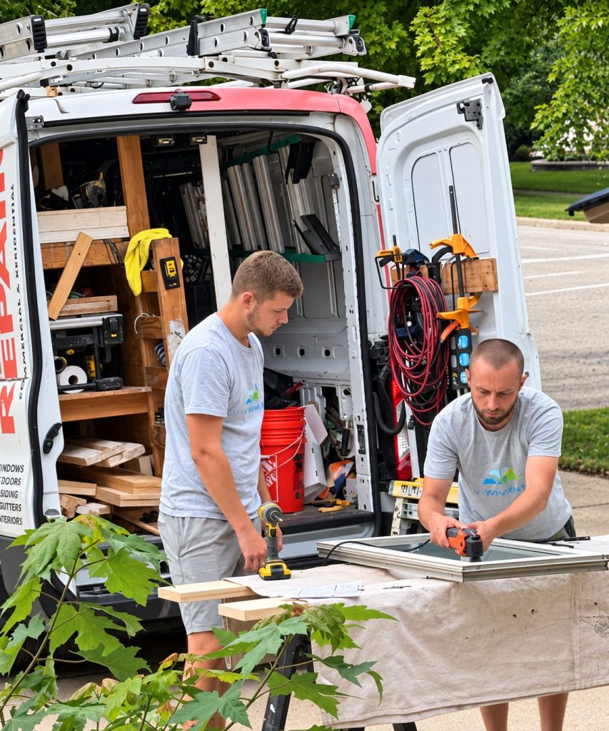 window repair experts working on the window frames in willowbrook illinois